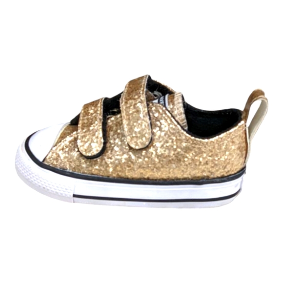 Converse All Star Velcro sneaker gold Shiny Sparkle Sequin sparkly Kids Girls 4 - Picture 1 of 9